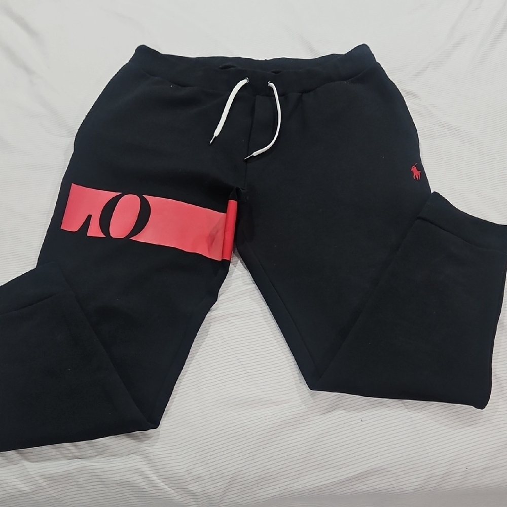 Men's Polo by Ralph Lauren Black Sweatpants with Red Stripe